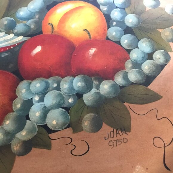 VTG Hand Painted Tin Serving Tray Fruit Grapes Bird Signed Joan 22" x 16" Heavy - Picture 2 of 7